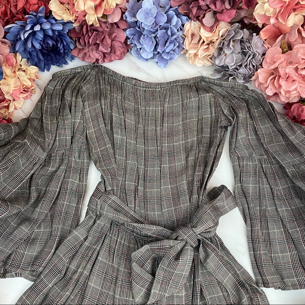 Flirty Gray Plaid Off-the-Shoulder Romper Jumpsuit - Picture 9 of 16
